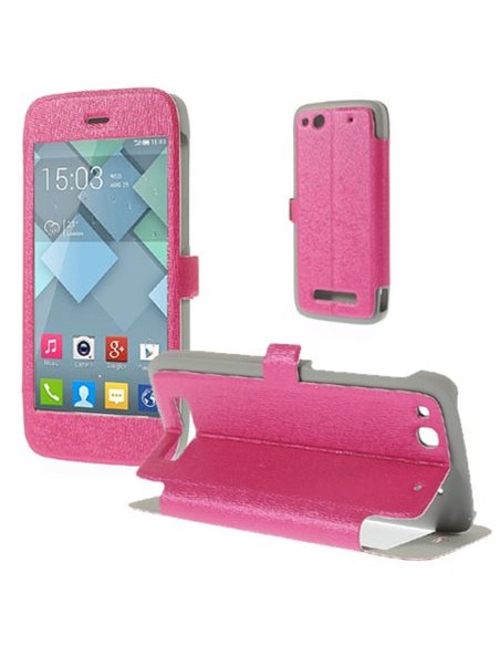 CUSTODIA FLIP ORIZZONTALE PELLE per ALCATEL ONE TOUCH IDOL ALPHA 6032, S860 CON FINESTRA GRANDE E STAND COLORE ROSA