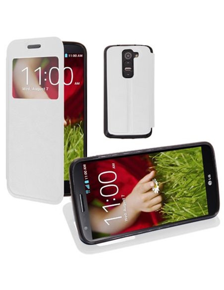 CUSTODIA FLIP ORIZZONTALE PELLE per LG G2 MINI CON FINESTRA ID ED INTERNO IN TPU SILICONE COLORE BIANCO