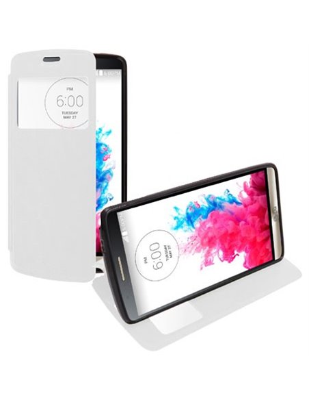 CUSTODIA FLIP ORIZZONTALE PELLE per LG G3 D850, D855, LS990 CON FINESTRA ID ED INTERNO IN TPU SILICONE COLORE BIANCO