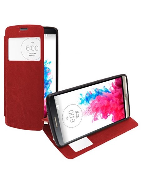 CUSTODIA FLIP ORIZZONTALE PELLE per LG G3 D850, D855, LS990 CON FINESTRA ID ED INTERNO IN TPU SILICONE COLORE ROSSO