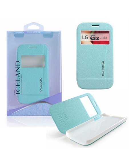 CUSTODIA FLIP ORIZZONTALE per LG G2 MINI CON STAND E FINESTRA ID COLORE AZZURRO EFFETTO CROSS ICELAND II BLISTER