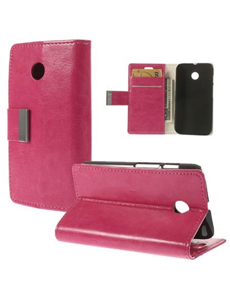 CUSTODIA FLIP ORIZZONTALE PELLE per MOTOROLA MOTO E CON STAND E TASCHE PORTA CARTE COLORE ROSA