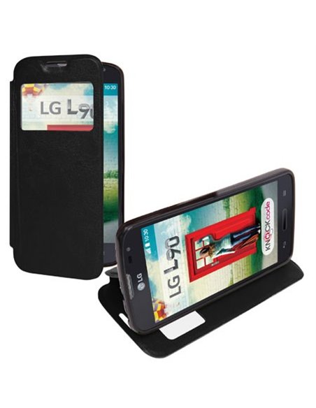 CUSTODIA FLIP ORIZZONTALE SIMILPELLE per  LG L90 DUAL D410 CON FINESTRA ID ED INTERNO IN TPU SILICONE COLORE NERO