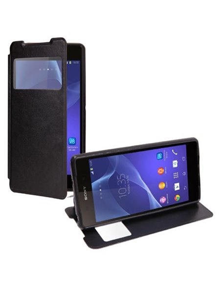 CUSTODIA FLIP ORIZZONTALE PELLE per SONY XPERIA Z2 CON FINESTRA ID ED INTERNO IN TPU SILICONE COLORE NERO