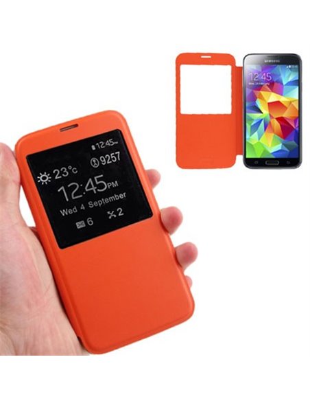 CUSTODIA FLIP COVER ORIZZONTALE per SAMSUNG G900F GALAXY S5, GALAXY S5 NEO G903F CON FINESTRA ID COLORE ARANCIONE