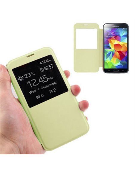 CUSTODIA FLIP COVER ORIZZONTALE per SAMSUNG G900F GALAXY S5, GALAXY S5 NEO G903F CON FINESTRA ID VERDE PASTELLO