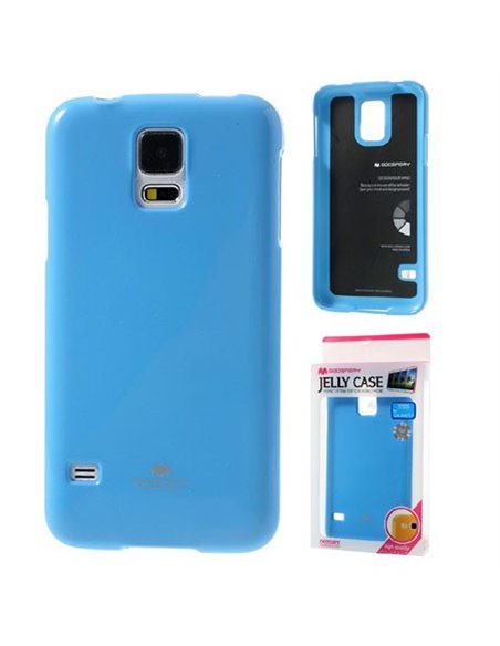 CUSTODIA GEL TPU SILICONE per SAMSUNG G900F GALAXY S5, S5 NEO COLORE AZZURRO LUCIDO CON GLITTER ALTA QUALITA' MERCURY BLISTER