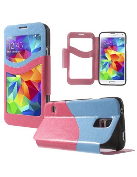 CUSTODIA FLIP ORIZZONTALE SIMILPELLE per SAMSUNG G900F GALAXY S5, S5 NEO CON DOPPIA FINESTRA ID EFFETTO GLITTERATO BLU E ROSA