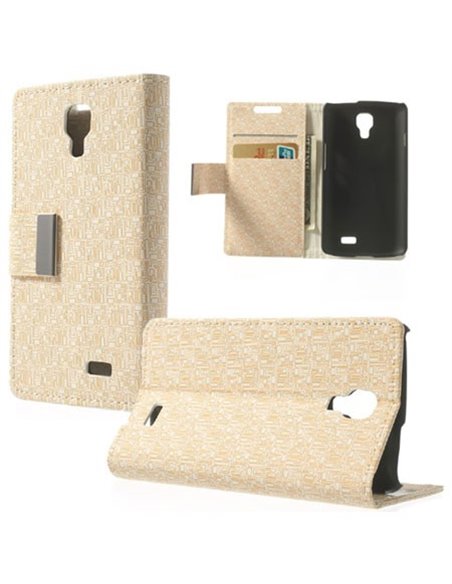 CUSTODIA FLIP ORIZZONTALE TESSUTO per LG F70 D315 CON STAND E TASCHE PORTA CARTE COLORE BEIGE FANTASIA MAZE