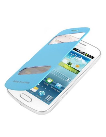 CUSTODIA FLIP ORIZZONTALE ULTRA SLIM per SAMSUNG S7562 GALAXY S DUOS CON DOPPIA FINESTRA IDENTIFICATIVO CHIAMANTE AZZURRO