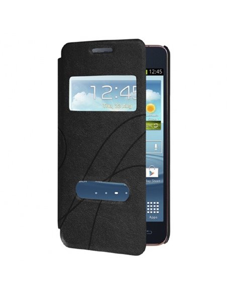 CUSTODIA FLIP ORIZZONTALE PELLE per SAMSUNG I9100 GALAXY S2, I9105 GALAXY S2 PLUS DOPPIA FINESTRA ID FANTASIA GROOVE NERO