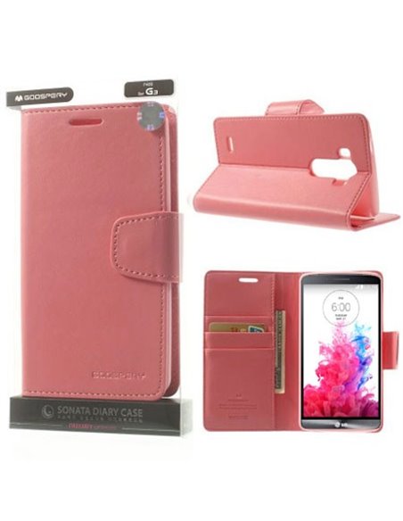 CUSTODIA FLIP ORIZZONTALE PELLE per LG G3 D850, D855, LS990 CON INTERNO IN TPU SILICONE E STAND COLORE ROSA SONATA BLISTER