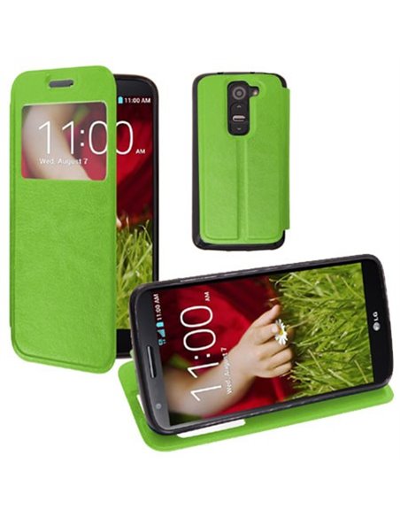 CUSTODIA FLIP ORIZZONTALE PELLE per LG G2 MINI CON FINESTRA ID ED INTERNO IN TPU SILICONE COLORE VERDE