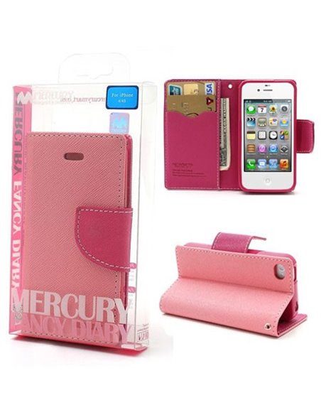 CUSTODIA FLIP ORIZZONTALE per APPLE IPHONE 4, IPHONE 4S CON STAND E INTERNO IN TPU SILICONE COLORE ROSA FANCY DIARY BLISTER MERC