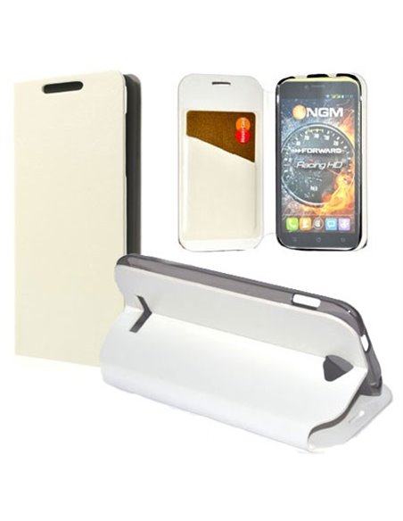 CUSTODIA FLIP ORIZZONTALE PELLE per NGM FORWARD RACING HD CON INTERNO IN TPU, STAND E TASCA PORTA CARTE COLORE BIANCO