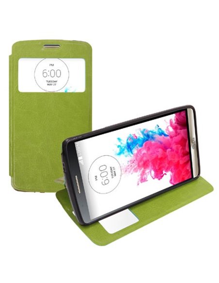 CUSTODIA FLIP ORIZZONTALE PELLE per LG G3 D850, D855, LS990 CON FINESTRA ID ED INTERNO IN TPU SILICONE COLORE VERDE
