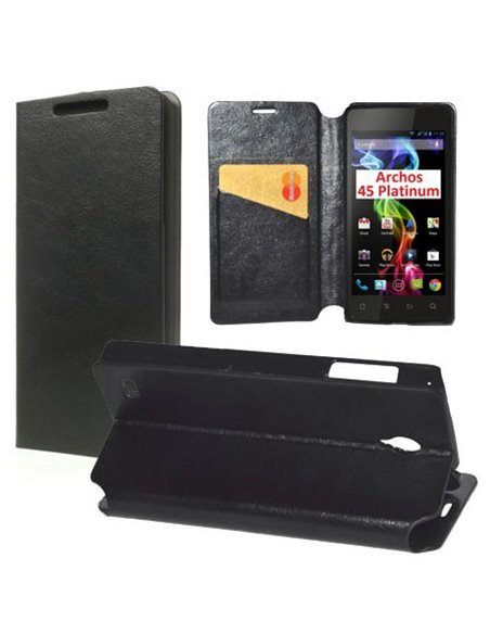 CUSTODIA FLIP ORIZZONTALE PELLE per ARCHOS 45 PLATINUM 4.5' POLLICI CON STAND E TASCA PORTA CARTE COLORE NERO