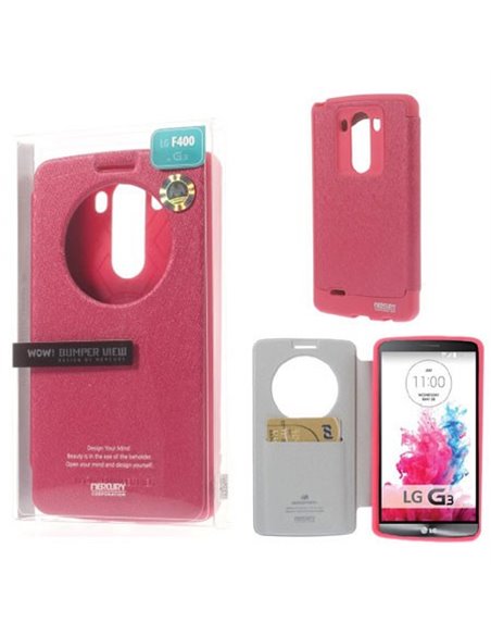 CUSTODIA FLIP ORIZZONTALE per LG G3 D850 CON FINESTRA ID E INTERNO IN TPU SILICONE COLORE FUCSIA WOW! MERCURY BLISTER