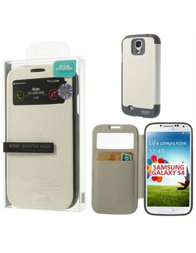 CUSTODIA FLIP ORIZZONTALE per SAMSUNG I9500 GALAXY S4 CON FINESTRA ID E INTERNO IN TPU COLORE BIANCO WOW! MERCURY BLISTER