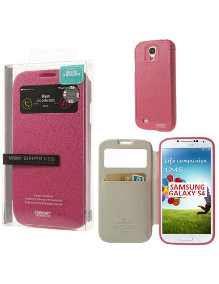 CUSTODIA FLIP ORIZZONTALE per SAMSUNG I9500 GALAXY S4 CON FINESTRA ID E INTERNO IN TPU COLORE FUCSIA WOW! MERCURY BLISTER