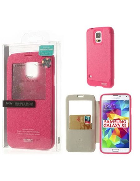 CUSTODIA FLIP ORIZZONTALE per SAMSUNG G900 GALAXY S5, S5 NEO CON FINESTRA ID E INTERNO IN TPU COLORE ROSA WOW! MERCURY BLISTER