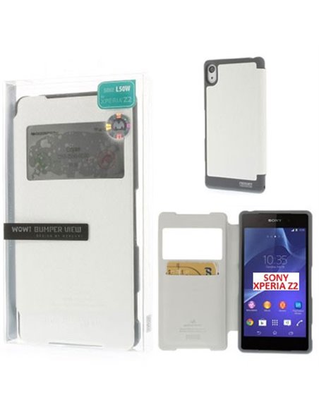 CUSTODIA FLIP ORIZZONTALE per SONY XPERIA Z2 CON FINESTRA ID ED INTERNO IN TPU COLORE BIANCO WOW! MERCURY BLISTER