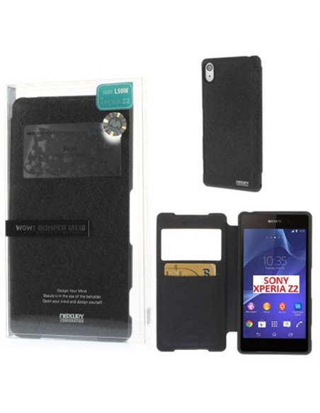 CUSTODIA FLIP ORIZZONTALE per SONY XPERIA Z2 CON FINESTRA ID ED INTERNO IN TPU COLORE NERO WOW! MERCURY BLISTER