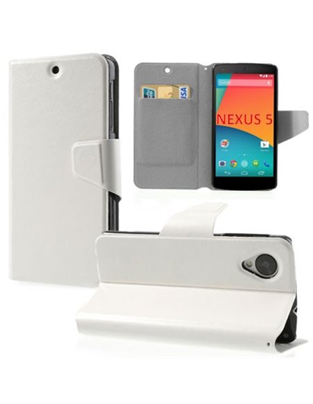 CUSTODIA per LG NEXUS 5 (D820) FLIP ORIZZONTALE SIMILPELLE CON STAND E TASCHE PORTA CARTE COLORE BIANCO