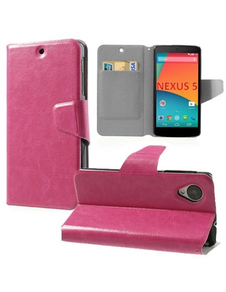 CUSTODIA per LG NEXUS 5 (D820) FLIP ORIZZONTALE SIMILPELLE CON STAND E TASCHE PORTA CARTE COLORE ROSA