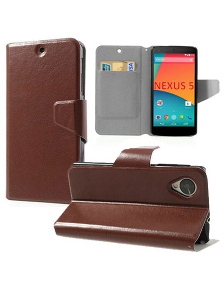 CUSTODIA per LG NEXUS 5 (D820) FLIP ORIZZONTALE SIMILPELLE CON STAND E TASCHE PORTA CARTE COLORE MARRONE