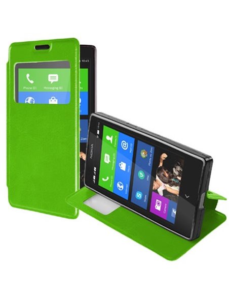 CUSTODIA FLIP ORIZZONTALE PELLE per NOKIA X, X+ CON FINESTRA ID ED INTERNO IN TPU SILICONE COLORE VERDE