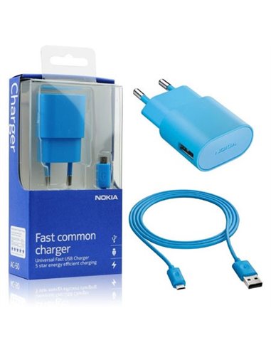CARICATORE DA RETE 1300mAh ORIGINALE NOKIA CON 1 PORTA USB + CAVO MICRO USB LUNGHEZZA 1.2 MT COLORE CIANO AC-50E BLISTER