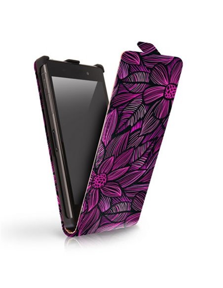 CUSTODIA FLIP VERTICALE SLIM SIMILPELLE per SAMSUNG G900F GALAXY S5, GALAXY S5 NEO G903F, GALAXY S5 PLUS FANTASIA FIORI VIOLA