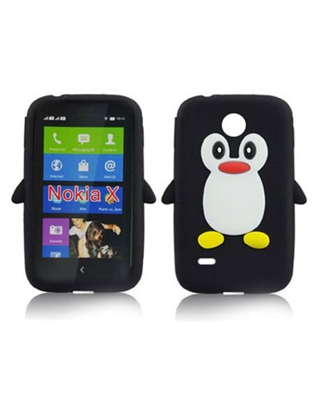 CUSTODIA GEL TPU SILICONE per NOKIA X, X+ FANTASIA PINGUINO COLORE NERO