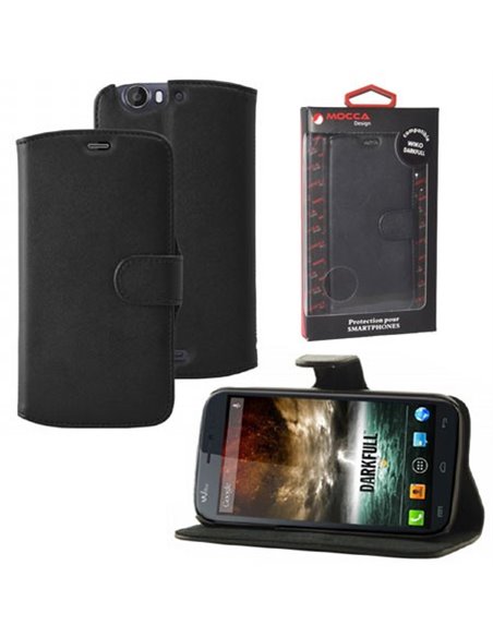 CUSTODIA FLIP ORIZZONTALE PELLE per WIKO DARKFULL CON STAND COLORE NERO ALTA QUALITA' MOCCA BLISTER