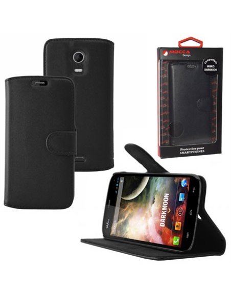 CUSTODIA FLIP ORIZZONTALE PELLE per WIKO DARKMOON CON STAND COLORE NERO ALTA QUALITA' MOCCA BLISTER