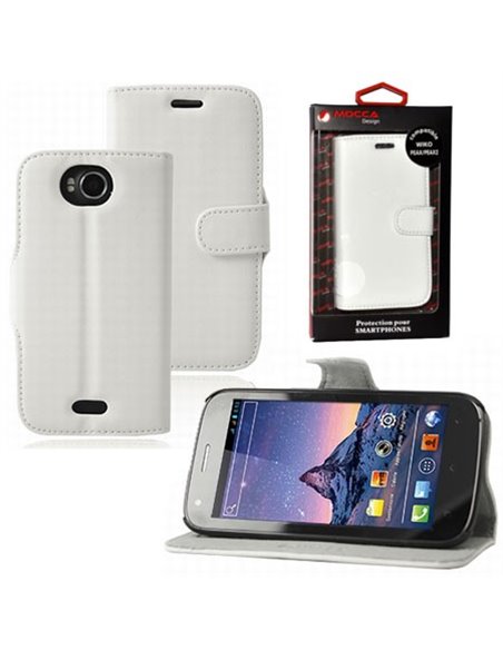 CUSTODIA FLIP ORIZZONTALE PELLE per WIKO CINK PEAX, CINK PEAX 2 CON STAND COLORE BIANCO ALTA QUALITA' MOCCA BLISTER