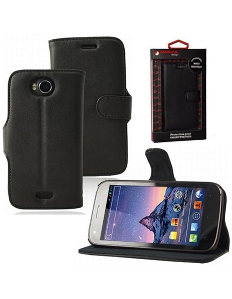 CUSTODIA FLIP ORIZZONTALE PELLE per WIKO CINK PEAX, CINK PEAX 2 CON STAND COLORE NERO ALTA QUALITA' MOCCA BLISTER