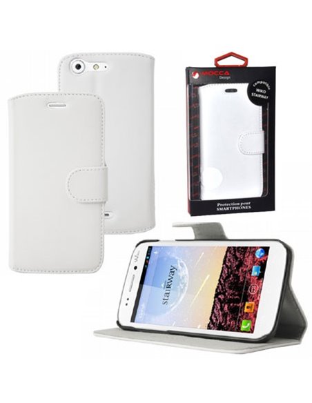 CUSTODIA FLIP ORIZZONTALE PELLE per WIKO STAIRWAY CON STAND COLORE BIANCO ALTA QUALITA' MOCCA BLISTER