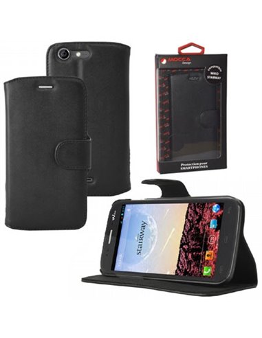 CUSTODIA FLIP ORIZZONTALE PELLE per WIKO STAIRWAY CON STAND COLORE NERO ALTA QUALITA' MOCCA BLISTER