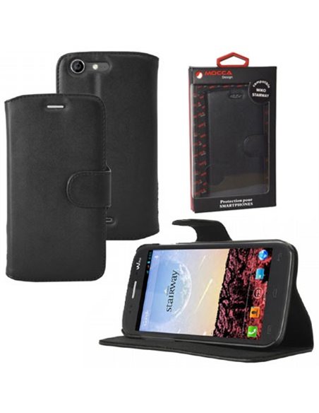 CUSTODIA FLIP ORIZZONTALE PELLE per WIKO STAIRWAY CON STAND COLORE NERO ALTA QUALITA' MOCCA BLISTER
