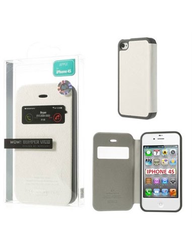 CUSTODIA FLIP ORIZZONTALE per APPLE IPHONE 4, IPHONE 4s CON FINESTRA ID E INTERNO IN TPU COLORE BIANCO WOW! MERCURY BLISTER