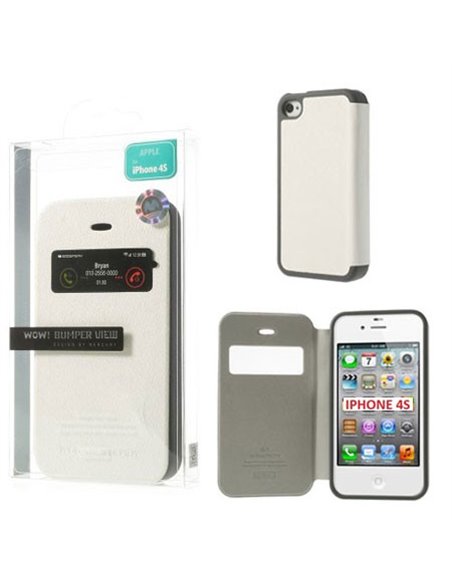 CUSTODIA FLIP ORIZZONTALE per APPLE IPHONE 4, IPHONE 4s CON FINESTRA ID E INTERNO IN TPU COLORE BIANCO WOW! MERCURY BLISTER