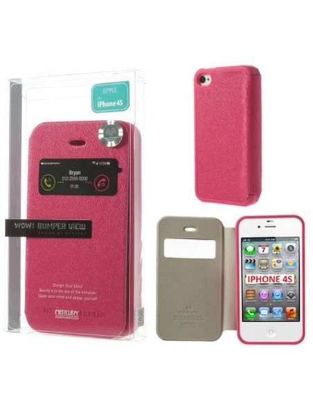 CUSTODIA FLIP ORIZZONTALE per APPLE IPHONE 4, IPHONE 4s CON FINESTRA ID E INTERNO IN TPU COLORE FUCSIA WOW! MERCURY BLISTER