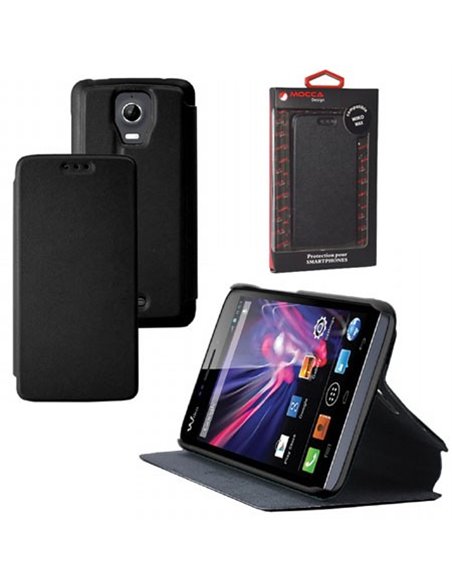 CUSTODIA FLIP ORIZZONTALE PELLE per WIKO WAX CON STAND COLORE NERO ALTA QUALITA' MOCCA BLISTER