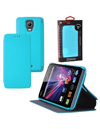 CUSTODIA FLIP ORIZZONTALE PELLE per WIKO WAX CON STAND COLORE AZZURRO ALTA QUALITA' MOCCA BLISTER