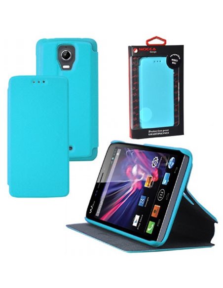 CUSTODIA FLIP ORIZZONTALE PELLE per WIKO WAX CON STAND COLORE AZZURRO ALTA QUALITA' MOCCA BLISTER