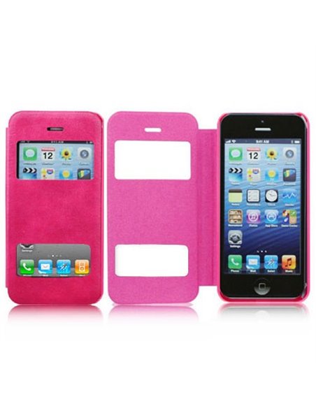 CUSTODIA FLIP ORIZZONTALE CON DOPPIA FINESTRA ID per APPLE IPHONE 4, 4S COLORE ROSA (NO RIMOZIONE COVER)