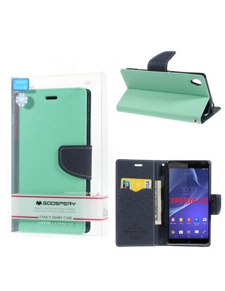 CUSTODIA FLIP ORIZZONTALE per SONY XPERIA Z3 CON INTERNO IN TPU E STAND COLORE VERDE ACQUA FANCY DIARY BLISTER MERCURY