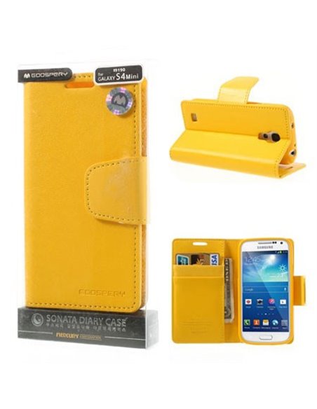 CUSTODIA FLIP ORIZZONTALE PELLE per SAMSUNG I9190 GALAXY S4 MINI, I9192, I9195 CON INTERNO IN TPU E STAND COLORE GIALLO SONATA B